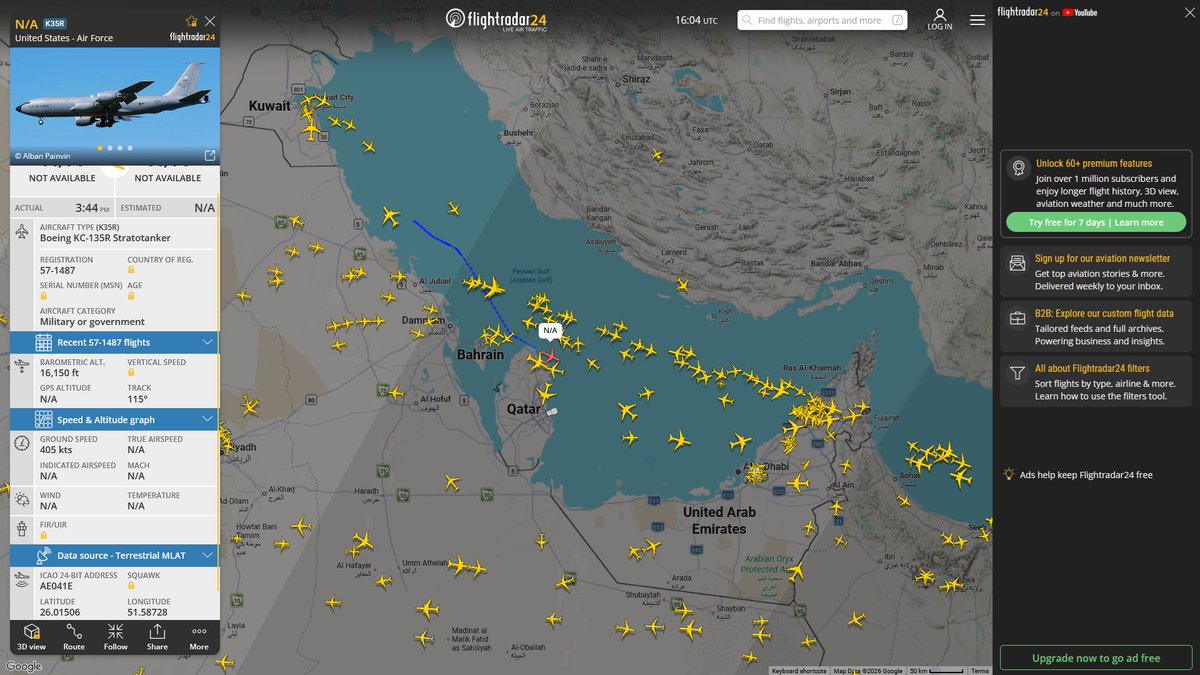 AIYeyENGDdJkjTr's tweet photo. July 2, 2026
#Al-Udeid Air Base ==> #Gulf of Oman
#FLYER61 #AED555 USAF KC-46A Pegasus
#Al Reef Base, Abu Dhabi ==> #Gulf of Oman
#NoCALLSIGN #AE065F USAF KC-135R Stratotanker
#Ben Gurion ==>
#NoCALLSIGN #AE041E USAF KC-135R Stratotanker https://t.co/yZgPTZLLr8