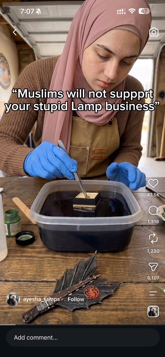 HorrorHijabi's tweet photo. Guys I feel like I’m going insane, this ai Muslim woman has thousands of followers on instagram and is getting comments (and probably orders for this fake lamp it sells) how is no one clocking it obviously being ai??? https://t.co/odBSXNvT8R