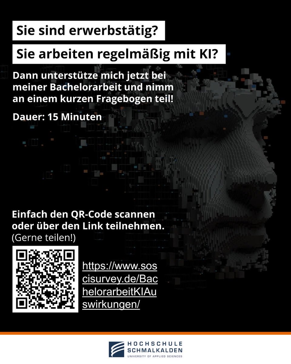 Hdellux's tweet photo. Ich suche eure Unterstützung!

Im Rahmen meiner Bachelorarbeit untersuche ich die Auswirkungen von KI im Arbeitsalltag.

Die Umfrage dauert nur ca. 15 Minuten und ist selbstverständlich anonym.

https://t.co/1PPLK87yOO https://t.co/WQuQPZ1k53