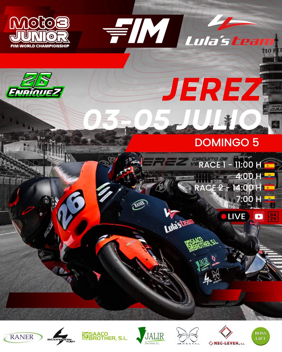 AlbertoE_26's tweet photo. Jerez! Tercera cita del Campeonato del Mundo FIM Moto3 Junior. 
Misma ilusión y mismas ganas de seguir aprendiendo! Vamos a por un paso más con cada salida a pista!
Nos vemos en el @circuito_de_jerez 🏁🔥🫶 https://t.co/B6qLnsMvrj