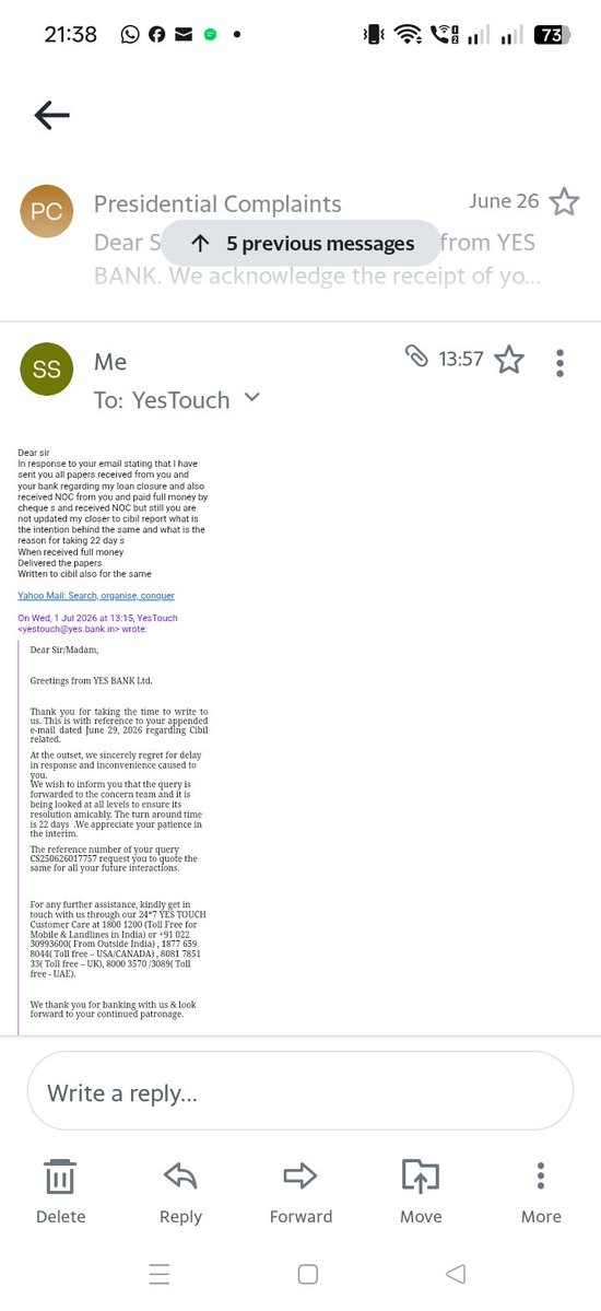 sanketseth79859's tweet photo. Dear ceo of yesbank 
I would like to draw your kind attention that I had closed my all loan account and received NOC and paper s of my property 
IN the month of March 
But you have not updated the same to my cibil report for update 
Even after lapse of 6 months no update do asap https://t.co/fkmPCeTBZE