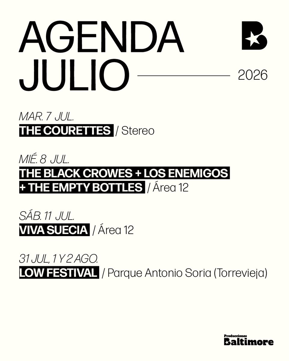 ProdsBaltimore's tweet photo. Agenda de julio ☀️ El verano ya está aquí y viene cargado de mucha música en directo 🎶

¿Qué concierto no te vas a perder? 🖤

🎫 Consigue ya tus entradas en https://t.co/6kkfOs6W5o, https://t.co/W2gVTkVZiJ o https://t.co/vzCuDZecke https://t.co/Qd9seOtB9J