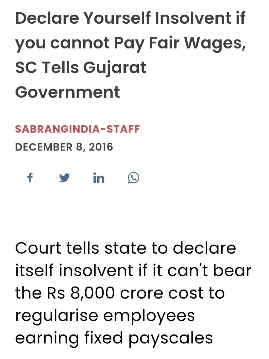 BHAVESH_Q's tweet photo. @8thCPC_update ये बात गुजरात हाईकोर्ट ने भी कही थी। इसके बाद राज्य सरकार सुप्रीम कोर्ट चली गई। वहाँ भी सुप्रीम कोर्ट ने टिप्पणी की थी, “अगर सरकार की आर्थिक हालत इतनी खराब है कि वह कर्मचारियों को उचित वेतन नहीं दे सकती, तो खुद को दिवालिया घोषित कर दे।”

अब इस बात को भी लगभग दस साल हो चुके हैं। https://t.co/3QLnAJp7gR