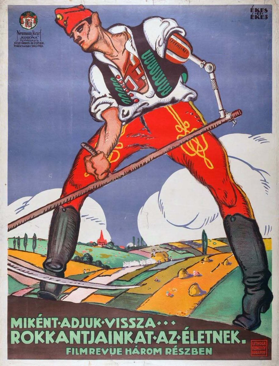 AletIsler's tweet photo. 1915-1920 yılları arasında Budapeşte'de yayımlanan bu iki propaganda afişi, Birinci Dünya Savaşı'nda uzuvlarını kaybeden gazilerin yeniden üretime ve toplumsal hayata kazandırılmasını teşvik etmek amacıyla hazırlanmış. 

Ve bu afişler, bu konuya dikkat çeken film gösterimlerinin tanıtımı için kullanılmış. 🎨 

1. afişte bir kolunu kaybetmiş asker protez kol ile tırpan kullanarak tarlada çalışırken tasvir edilmiş. Figür geleneksel Macar kıyafetleri içindedir; bu detay onun ülkesinin çalışkan köylüsünü ve üretici gücünü temsil ettiğini gösterir. 

Afişin üzerinde, "Engelli gazilerimizi yeniden hayata nasıl kazandırabiliriz?" yazmaktadır.

Bu konuda hazırlanmış üç bölümlük bir film.

Protez teknolojisi sayesinde savaşta sakat kalan insanlar üretmeye devam edebilir; toplumun yükü değil, yeniden üretken bireyleri olabilirler. 

2. afişte ise  yine kolunu kaybetmiş bir tarım işçisi gaziyi gösteriyor. Omuzdan bağlanan  proteziyle bir tarım aletini kullanıyor.
⚒️