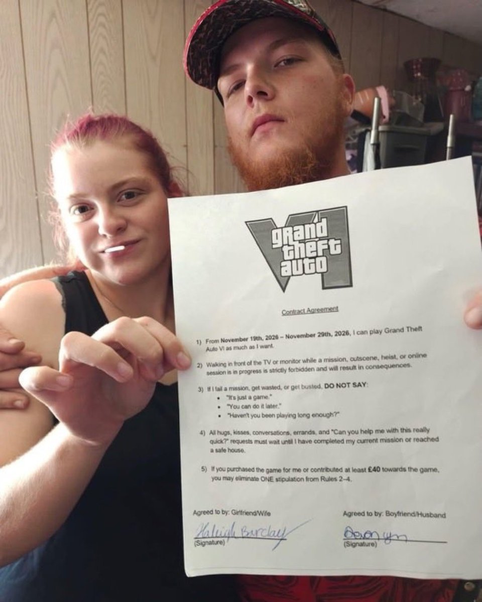 Collect's tweet photo. Gamer makes girlfriend sign GTA contract before launch day 😭 https://t.co/YxP5nbt0sh