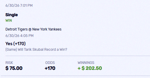 JamesSehar's tweet photo. Skubal's back and he shut down the Yankees tonight 😂 The sportsbooks were giving +170 odds on him getting the win—easy beer money 🍺💸 https://t.co/To3hablGYI
