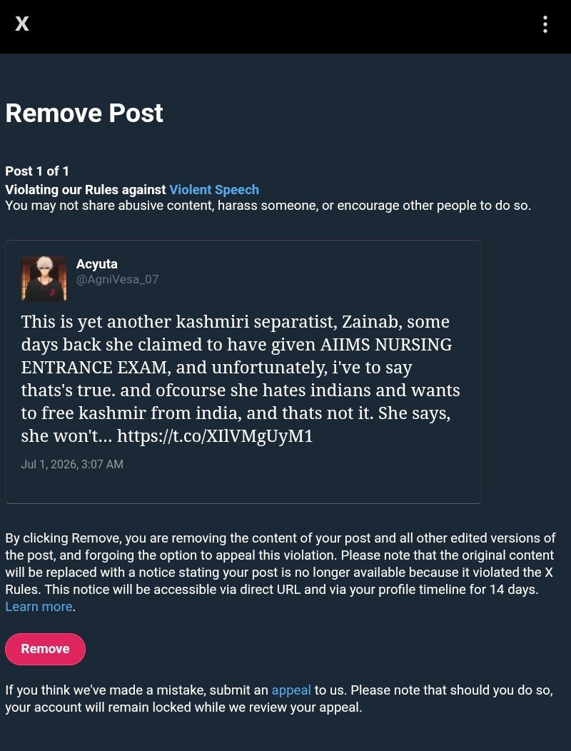 AgniVesa_07's tweet photo. We got mass reported yet again by pakis and traitors operating in india.

They mass reported this post, and we were made to have a easy choice, delete this post and forget about zainab or risk a permanent termination from twitter if the appeal fails as i've alr been terminated once.

We chose the hard way, and by the grace of prabhu Ram, WE WON.

This post stays.

The only thing lacking is action by authorities, we've archived their 70-80% of paap. how they asked to eradicate hinduism, how they asked to free kashmir from india.