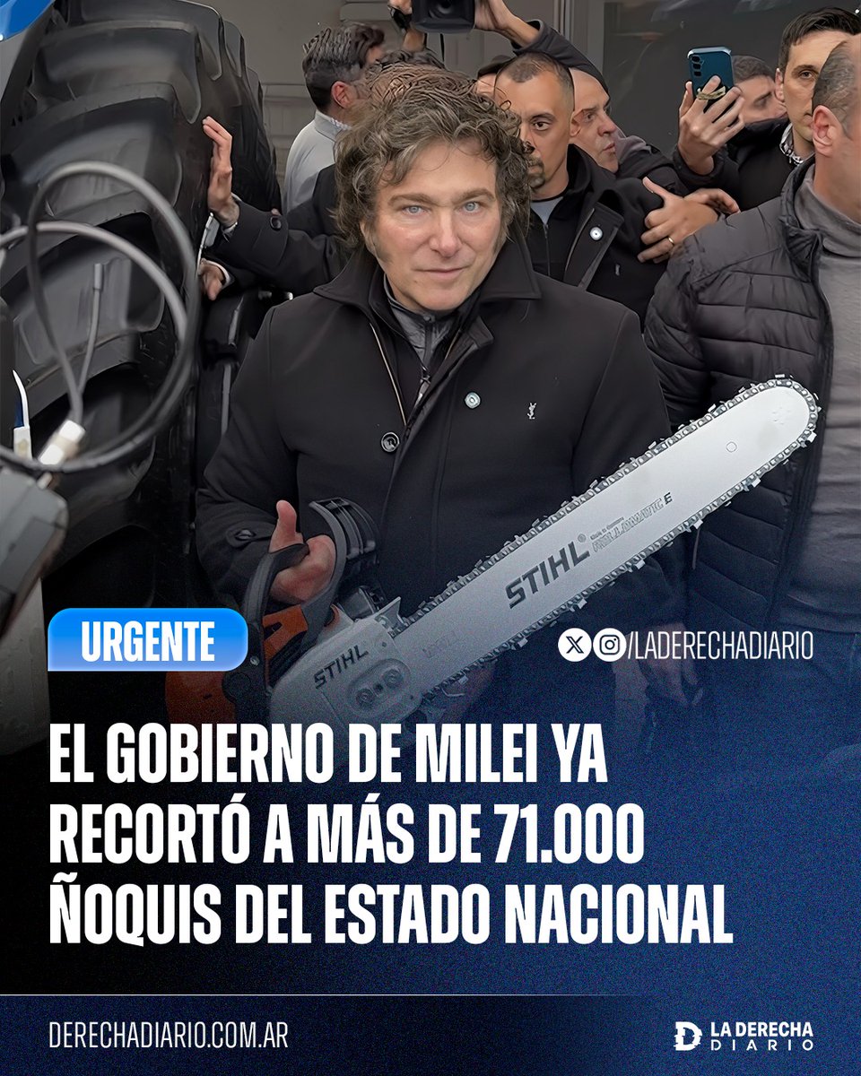 laderechadiario's tweet photo. 🚨🇦🇷 | MOTOSIERRA INFINITA: Desde su asunción en diciembre de 2023, el Gobierno de Milei ya acumuló un recorte de 71.025 puestos en la planta del Estado Nacional, lo que representa una baja del 22% del total del personal. https://t.co/vEaWyDgeZH