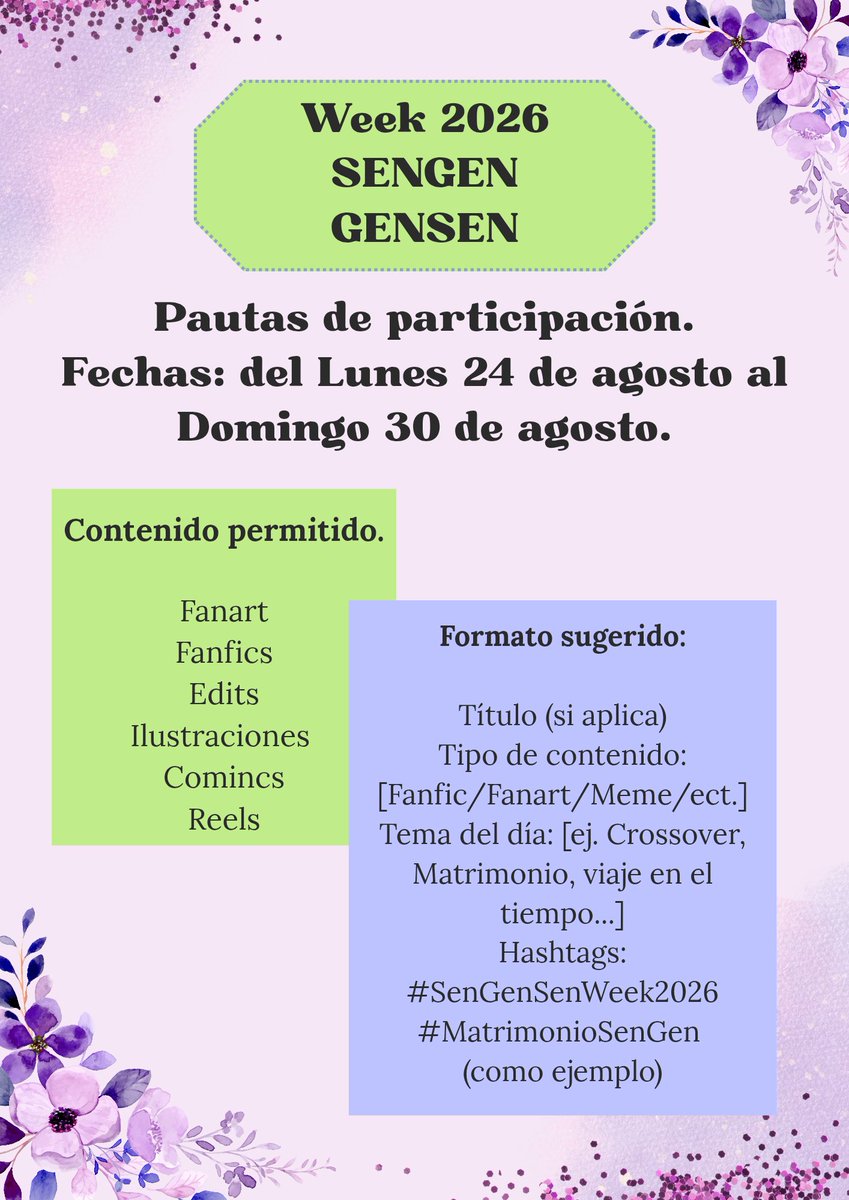 riithye's tweet photo. Holaaa
Hemos organizado junto a otros fans nuevamente la week para este año, Estados dando la información con anticipación para que los participantes puedan prepararse con calma (como dibujos o comics) 
💚💜 no nos petrifiquemos 
#sengensenweek2026 
#sengen #drstone https://t.co/jJgsL6cxA9