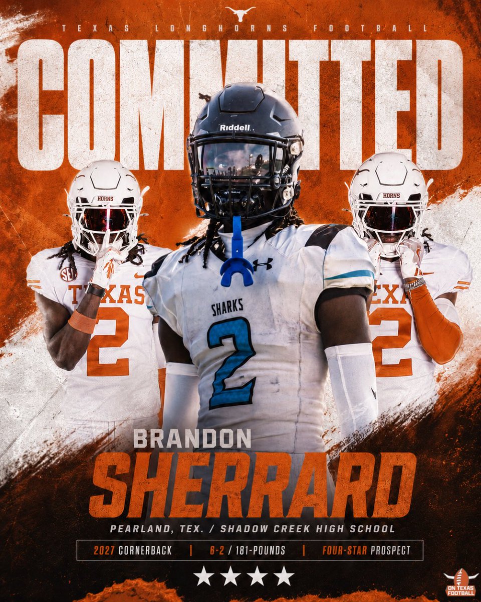 ontexasfootball's tweet photo. 🚨 BOOM!!! 🚨

Four-star cornerback Brandon Sherrard has committed to Texas, choosing the Longhorns over LSU. https://t.co/Bc87NcrqKg