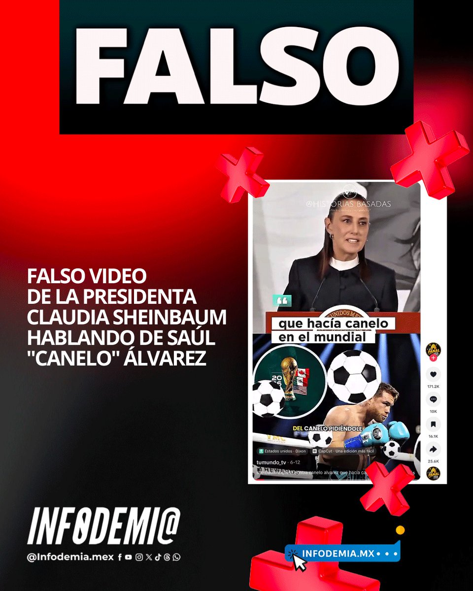 infodemiaMex's tweet photo. ❌ Falso video de la presidenta Claudia Sheinbaum hablando de Saúl "Canelo" Álvarez

✅ El video que circula en redes sociales, en el que supuestamente la presidenta Claudia Sheinbaum emite declaraciones contra el boxeador Saúl "Canelo" Álvarez, es falso. Las imágenes originales corresponden a la Mañanera del Pueblo del 26 de mayo, durante la cual no se hizo ninguna referencia al pugilista. Además, el audio fue generado mediante Inteligencia Artificial (IA).

▶️ Desmentido: https://t.co/QZtzy38QBu