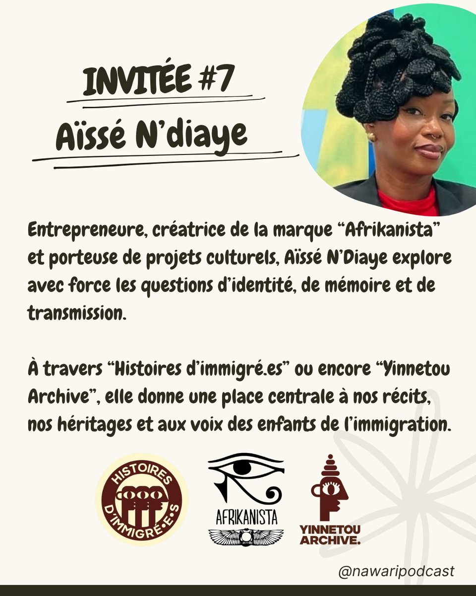 NawariPodcast's tweet photo. On reçoit l’incroyable Aïssé N’Diaye pour parler culture, mémoire et entrepreneuriat.
Une discussion à ne pas louper pour explorer nos récits et nos héritages.
On se retrouve demain 18h sur toutes les plateformes ! 🚀 https://t.co/0l5cVcbycV