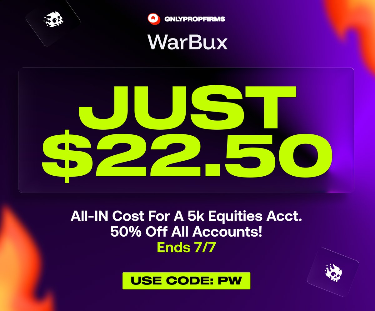 onlypropfirms's tweet photo. CRAZY! Just $22.50 For A 5k WarBux Equities Account! - 50% Off All Accounts! Ends July 7th
Use Code: CRAZY https://t.co/q94RY9lwgV https://t.co/Cvqus1El2s