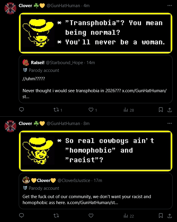 aqualerknives's tweet photo. //alr callout post time. didnt think id have to do this so soon upon joining deltarune parody twt. 

this person is being openly transphobic, homophobic, and racist. please report and block them. pieces of shit like this arent welcome in this fandom. https://t.co/IlRvIHpnGF