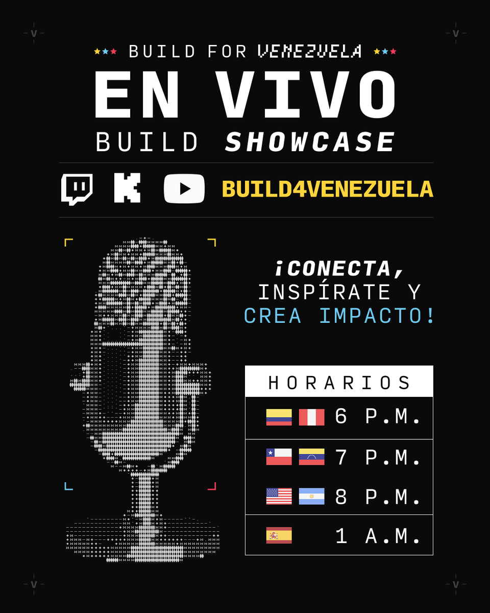 Build4Venezuela's tweet photo. Hoy es el Build Showcase de Build for Venezuela.

Vamos a presentar las soluciones creadas durante la hackathon para ayudar en la emergencia: búsqueda de personas, refugios, donaciones, información verificada y reportes ciudadanos.

Conéctate hoy:
6 PM Colombia y Perú
7 PM Venezuela y Chile
8 PM Argentina

Comparte el live.
Construimos por Venezuela.
#Build4Venezuela #BuildForVenezuela #AyudaHumanitaria #TechForGood