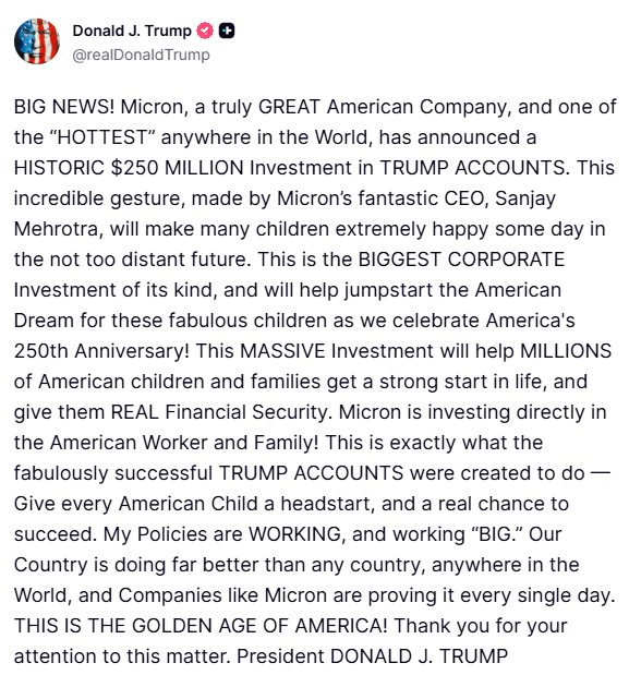 zerohedge's tweet photo. Trump trying to pump Micron https://t.co/d5RS2zfZP2