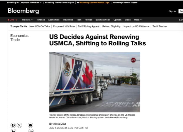 azucenau's tweet photo. 🚨"Creemos que existen problemas sustanciales": Estados Unidos no renovará automáticamente el T-MEC.

El representante comercial, Jamieson Greer, confirmó a @Bloomberg que Washington optará por revisiones anuales del acuerdo con México y Canadá, en lugar de extenderlo por 16 años.

Afirmó que existen "problemas sustanciales" que la administración de Donald Trump busca corregir.

El tratado seguirá vigente por una década, salvo que alguno de los tres países decida retirarse.

🔗 https://t.co/nsgIFQrqSs
