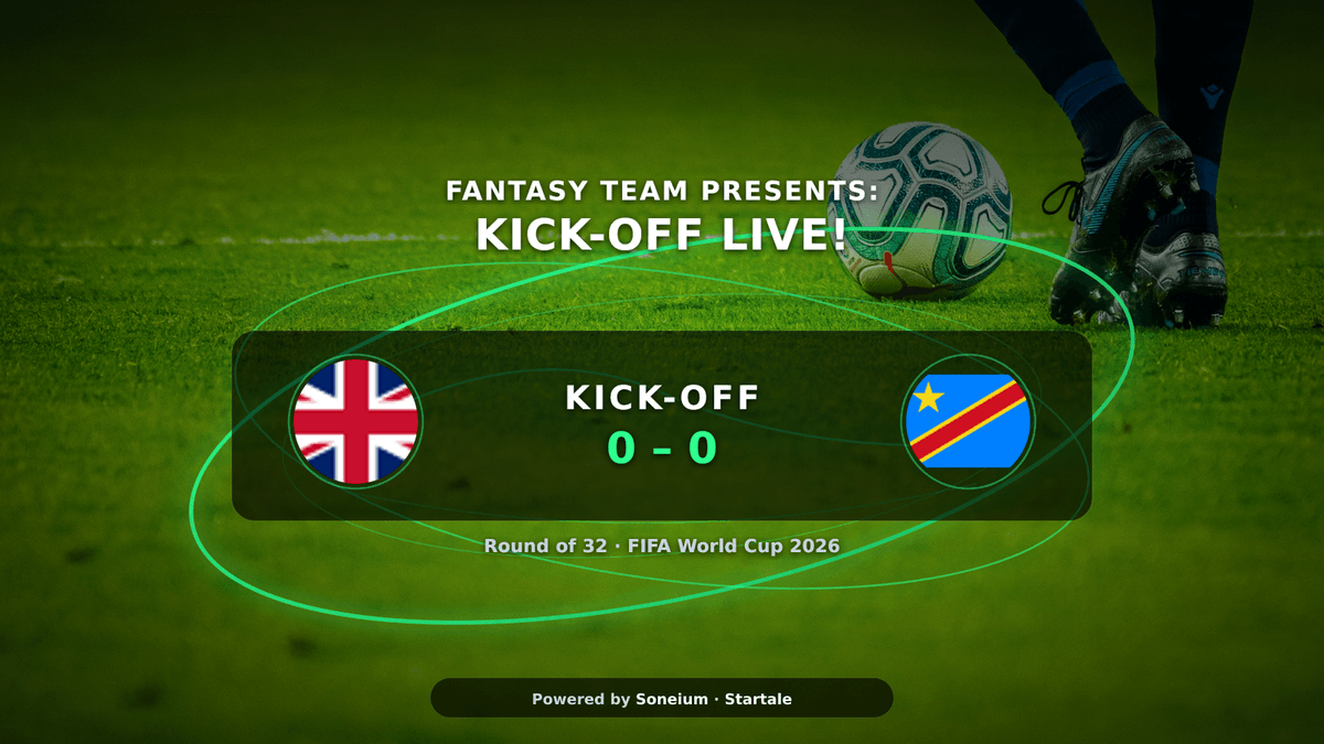 fantasyteamio's tweet photo. IT'S ON! 🏴󠁧󠁢󠁥󠁮󠁧󠁿 England vs Congo DR — KICK-OFF LIVE! ⚽🔥

Round of 32. World Cup knockout football. No second chances.

FantasyTeam points are LIVE — check your lineup now.

#WorldCup2026 #FantasyTeam #Football #Soneium #Startale #England https://t.co/pMu8d9fk8g