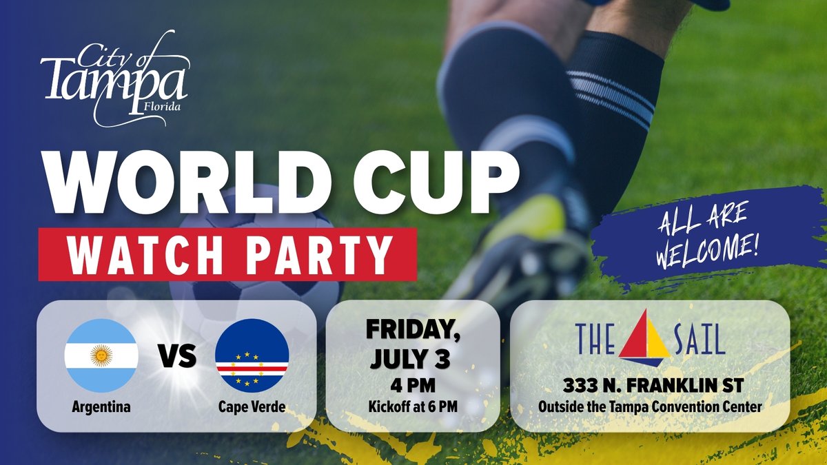 CityofTampa's tweet photo. The world's game is bringing Tampa together. ⚽️ Join us 7/3 at @TheSailTampa for a FREE FIFA World Cup Watch Party starting at 4pm. Cape Verde, which is calling Tampa home during the tournament, takes on Argentina. https://t.co/8TqOwEz7s9
