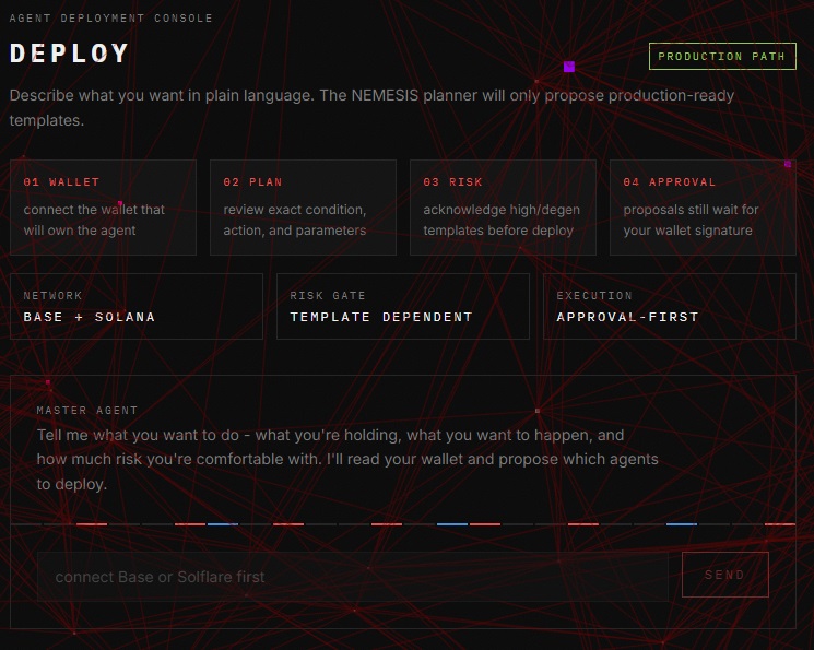 Nemesis_agent's tweet photo. Deploy your first Nemesis Agent and turn your strategy into an autonomous workflow. The agent continuously monitors the market, analyzes onchain activity, and prepares transactions on your behalf but nothing executes until you approve it. That's the difference between blind automation and intelligent automation. Approval-first. Non custodial. Built for @base 

Chaos in. Order out.
https://t.co/jcy0jC9B5k