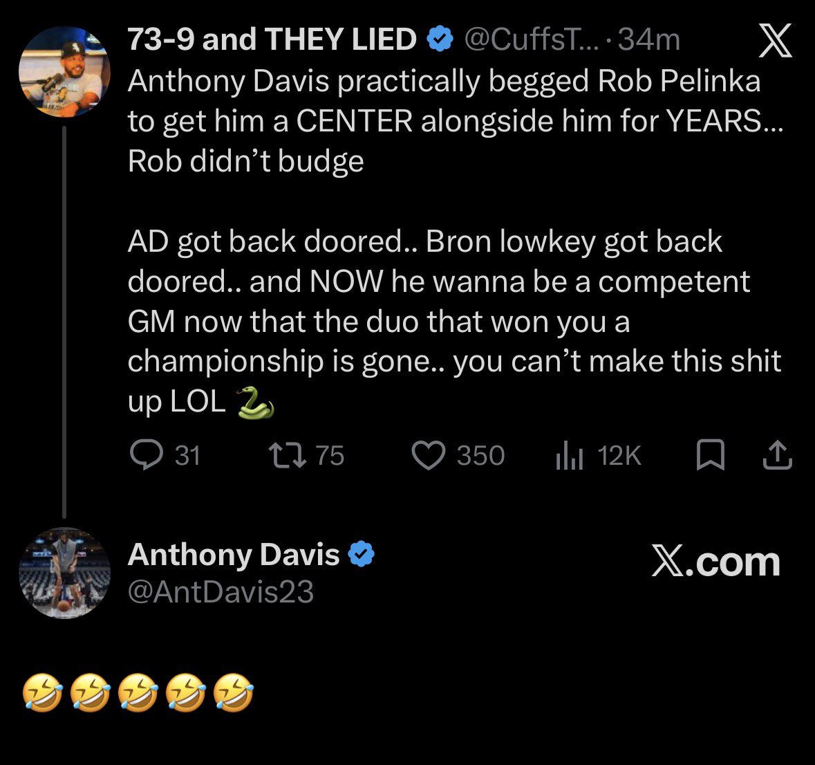 Klutch_23's tweet photo. Anthony Davis is laughing at Pelinka not getting a center for him. https://t.co/zkIYGLuQjj