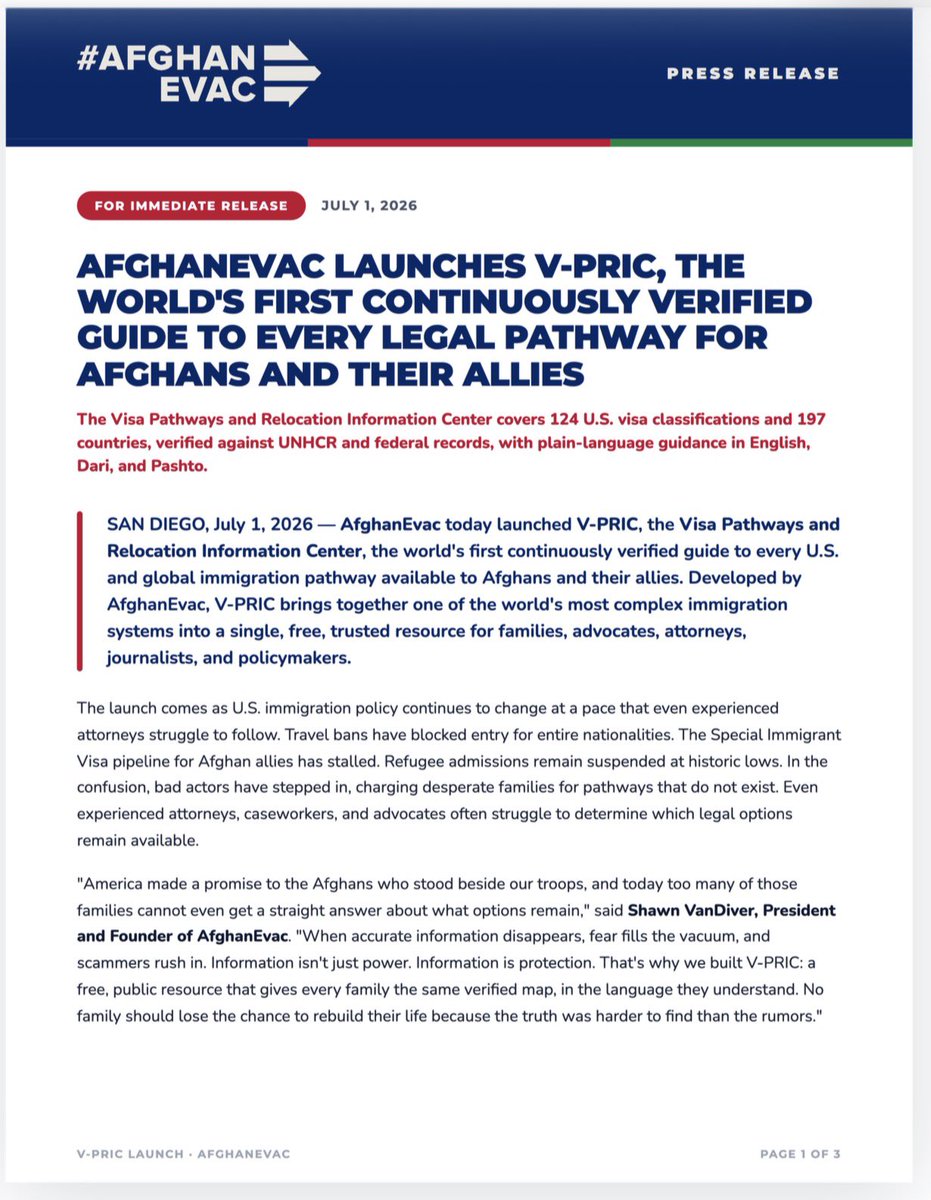 afghanevac's tweet photo. Today we're launching V-PRIC, the Visa Pathways &amp; Relocation Information Center.

✅ 124 U.S. visa classifications ✅ 197 countries ✅ English, Dari &amp; Pashto ✅ Free. No registration.

Because information is protection.
🔗 https://t.co/jU2bhcSrX8 https://t.co/fe3Z7LhVdp