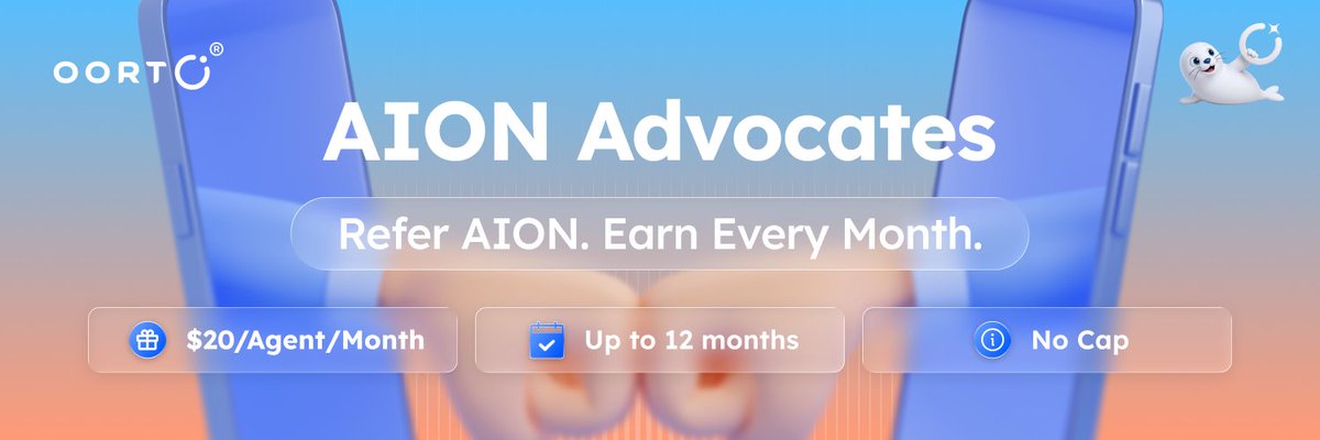 oortech's tweet photo. Get paid every month your referrals run AION.

We just launched AION Advocates. Refer anyone — earn $20/month per agent they run, for up to 12 months. No cap.

Here's the math: 3 referrals running 1 agent each → $60/month → $720/year. The more your network runs, the more you make.

How it works:
01 — Register on AION and submit the Google Form to join Advocates: https://t.co/DcZwhv7Qvs
02 — Share your referral link with your circle
03 — When your referrals become paying AION users, you earn $20/agent every month for up to 12 months

Start here → https://t.co/DPFUB2ln9i