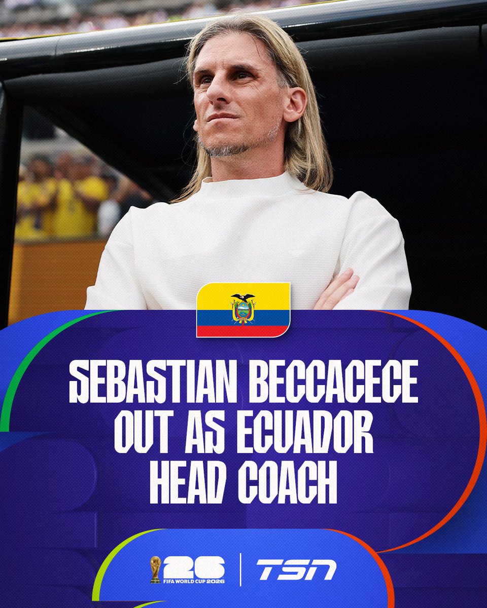 TSN_Sports's tweet photo. Ecuador head coach Sebastian Beccacece has resigned from his position following the team’s 2-0 loss to Mexico causing their elimination from the 2026 World Cup.

#FIFAWorldCup https://t.co/d2kZ4xEN3w