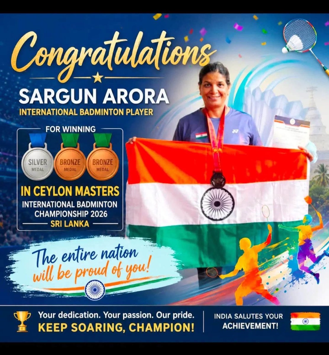 rohitsbjpchd's tweet photo. आज श्रीमती सरगुन अरोड़ा जी से भेंट कर उन्हें Ceylon Masters International Badminton Championship 2026, श्रीलंका में 1 रजत एवं 2 कांस्य पदक जीतने पर हार्दिक बधाई दी।

उनकी यह उपलब्धि देश एवं चंडीगढ़ के लिए गौरव का विषय है। उज्ज्वल भविष्य हेतु शुभकामनाएँ। 🇮🇳🏸 https://t.co/8Bgj2sbndm