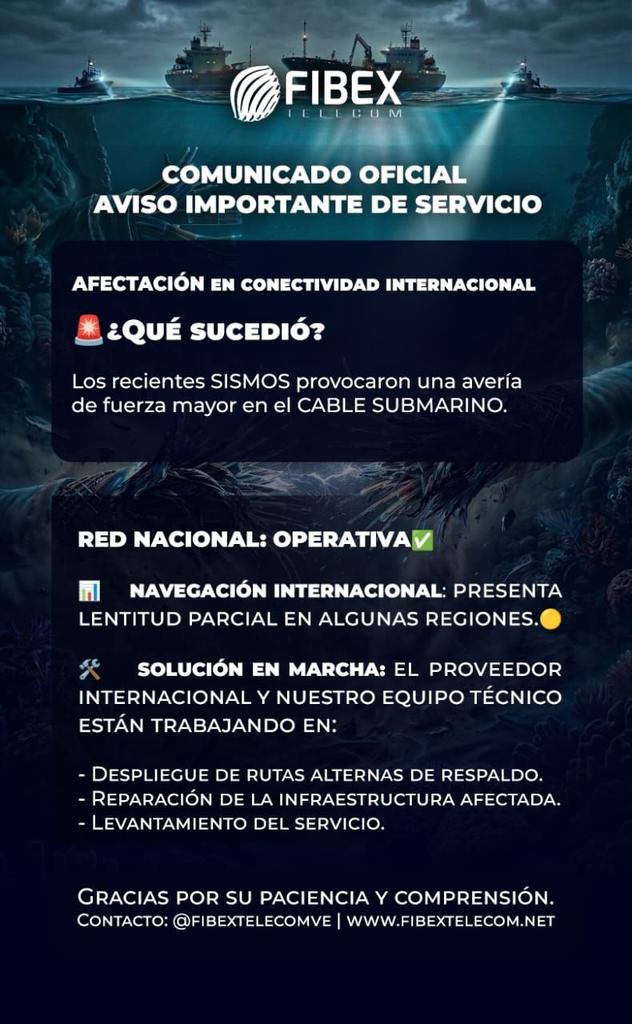 juanernestogil's tweet photo. 📢 Información importante para nuestros usuarios
A raíz de los sismos ocurridos, nuestro cable submarino internacional sufrió ciertas averías. Lo que está provocando lentitud parcial al abrir páginas o apps internacionales
Nuestro equipo ya activa rutas de respaldo.
#fibex https://t.co/gebrM625P5