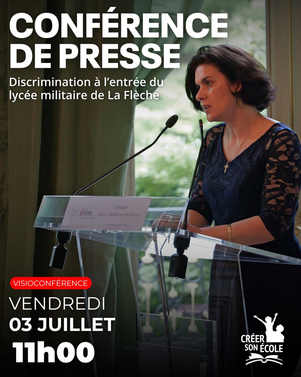 AnneCoffinier's tweet photo. 📣 CONFÉRENCE DE PRESSE — vendredi 3 juillet, 11h (visio)

Le Prytanée National Militaire de La Flèche écarterait par principe les lycéens venant du privé hors contrat — y compris des élèves admis ailleurs en prépa d'élite.
Un référé suspension est déposé le 2 juillet.

Créer son école et la FNEP présentent les faits.

👉 Inscription (+ texte du recours) en commentaire
📩 Presse : 06 34 38 90 30