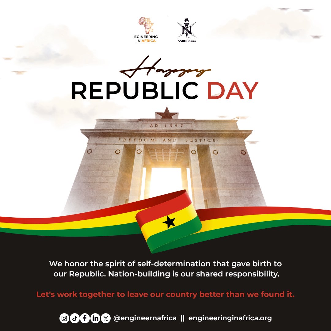 engineernafrica's tweet photo. Happy Republic Day, Ghana 🇬🇭 
Together in service to the Nation

⏳ ENGINEERING IN AFRICA CONFERENCE 2026 loading… Guess our host country? 

#RepublicDay #republicdayghana #EiAC #EiAC2026 #EngineeringInAfrica #NSBEGhana https://t.co/khjuFxtwzX