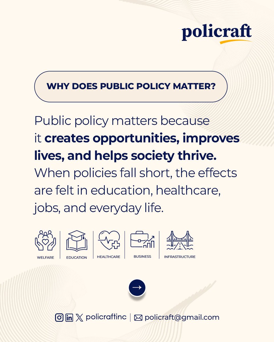 policraftinc's tweet photo. Why does public policy matter?
Because it is in your food prices, your school fees, your healthcare, your daily commute.
Policy is not distant. It is personal.
Part 3 coming soon.
Follow @policraftinc
#PublicPolicy #Policraft #The3Ws #PolicyMatters https://t.co/UDQvL9BVPV