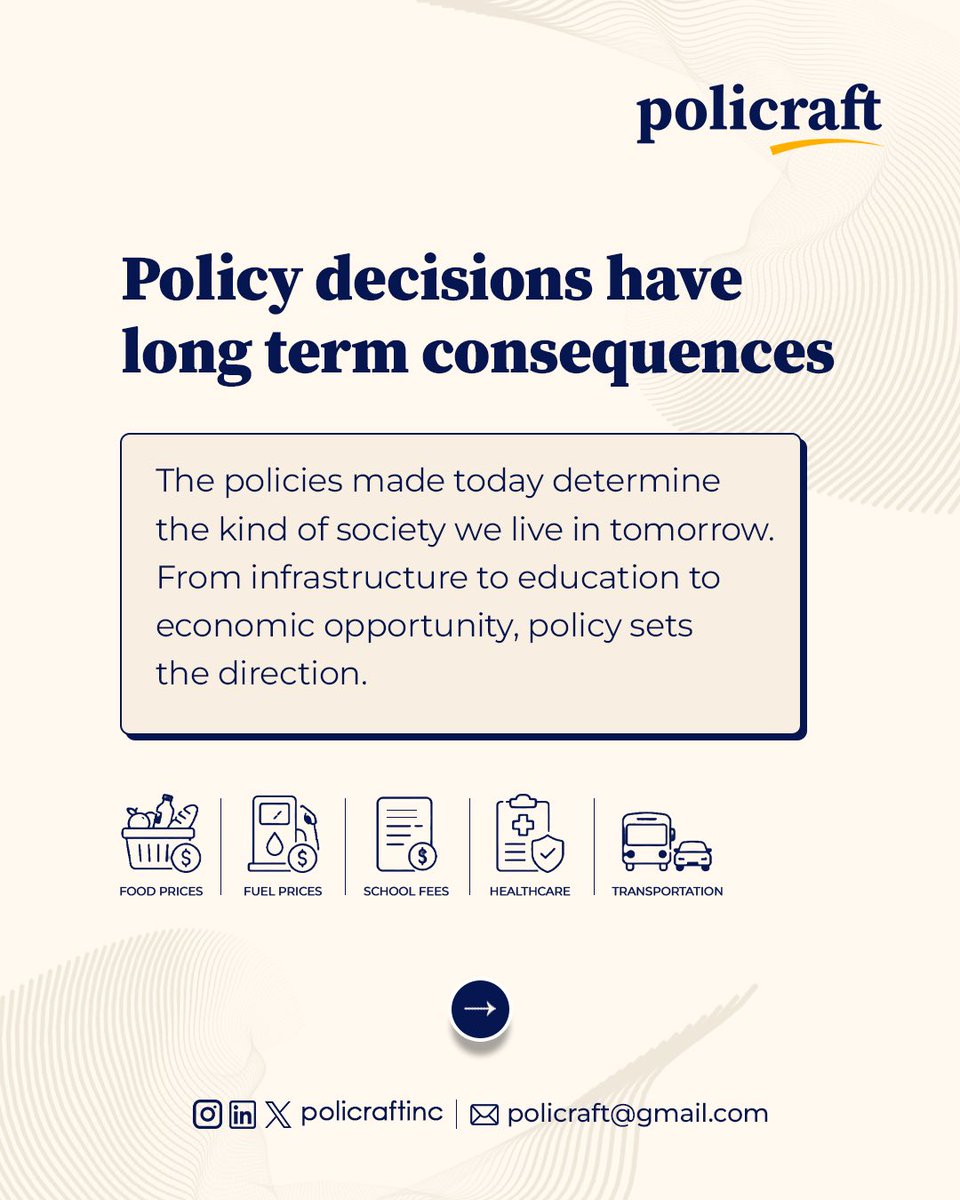 policraftinc's tweet photo. Why does public policy matter?
Because it is in your food prices, your school fees, your healthcare, your daily commute.
Policy is not distant. It is personal.
Part 3 coming soon.
Follow @policraftinc
#PublicPolicy #Policraft #The3Ws #PolicyMatters https://t.co/UDQvL9BVPV