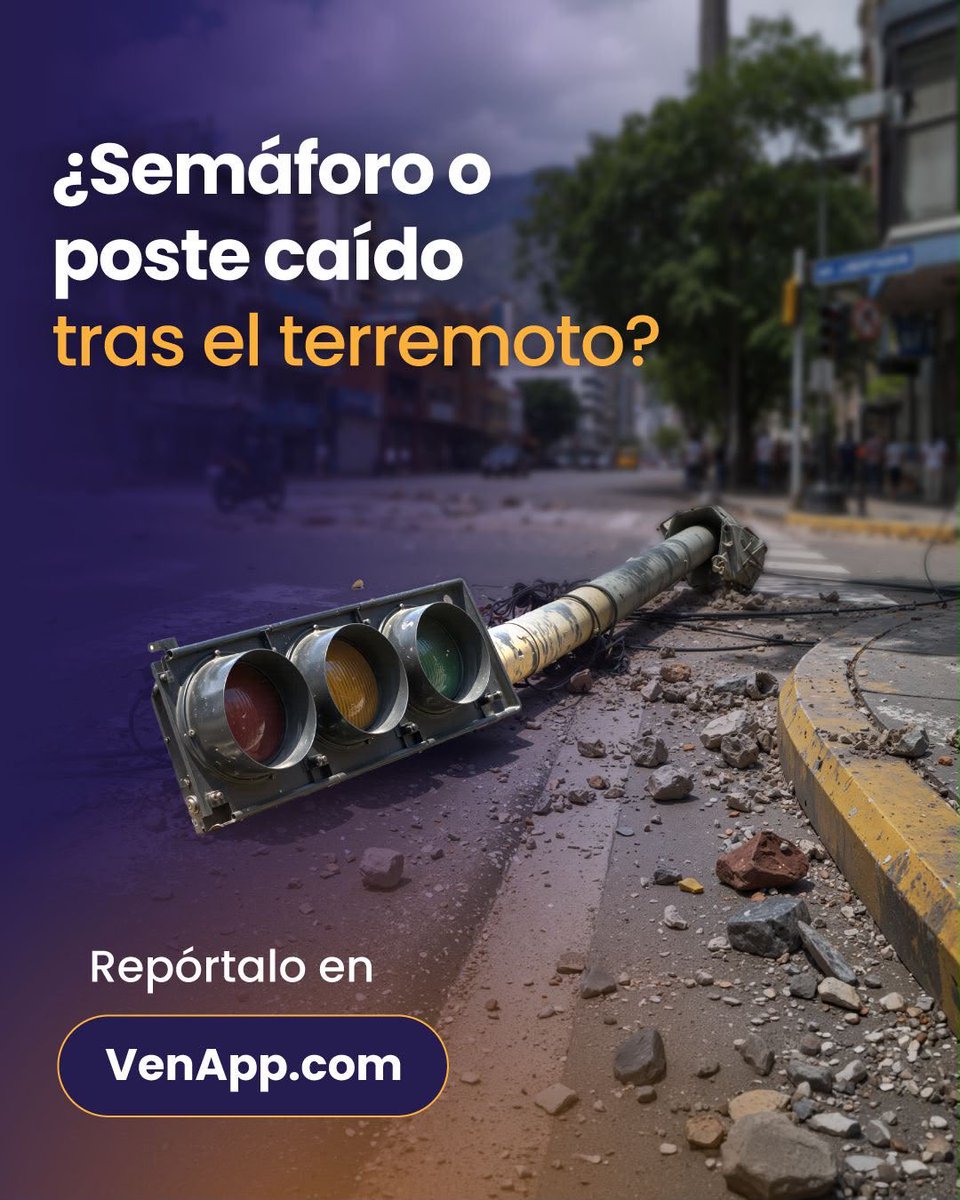 VenAppSocial's tweet photo. Un semáforo o un poste caído puede representar un riesgo para conductores y peatones.

Si estos daños persisten tras el terremoto, repórtalos en https://t.co/7tL5AsCTOv para apoyar el registro de las incidencias que aún requieren atención.

Cada reporte aporta información útil para canalizar la atención.

#VenApp #Terremoto24J #SeguridadVial #Venezuela #ReportaEnVenApp
