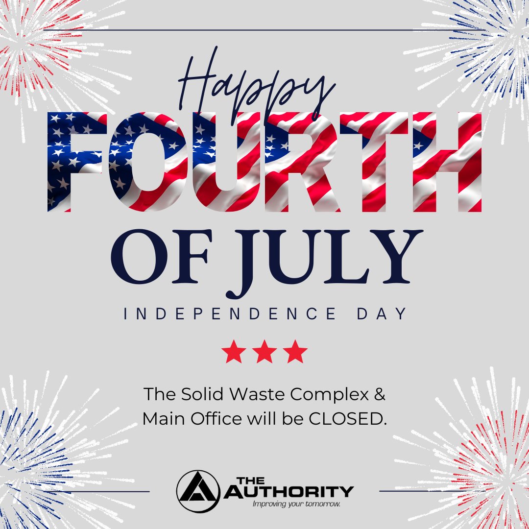 CCIANJ's tweet photo. Happy Independence Day from The Authority! The Solid Waste Complex will be open 7:30am-3:30pm on Friday, July 3. The Main Office will be closed on Friday, July 3. Both the Solid Waste Complex and the Main Office will be CLOSED on Saturday, July 4. 🎆 https://t.co/yLawMtlA8E