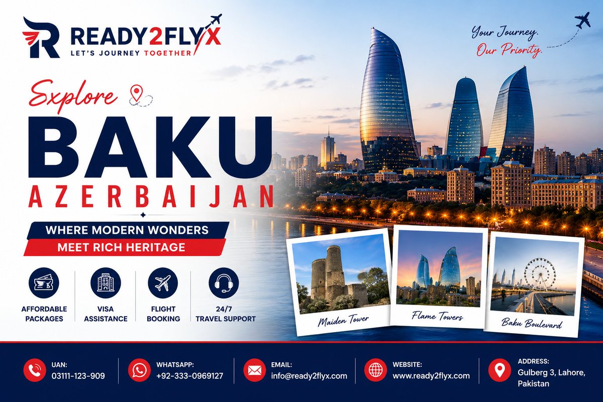 Ready2flyx's tweet photo. 🇦🇿 Discover the charm of Baku, Azerbaijan with Ready2FlyX Consultants! ✈️

Let us help you plan your perfect journey with expert visa assistance and travel services.
🌐 https://t.co/hFz3hMJdnL
#Ready2FlyX #Baku #Azerbaijan #Travel #VisitVisa #ExploreTheWorl https://t.co/wmOuKGjtcs