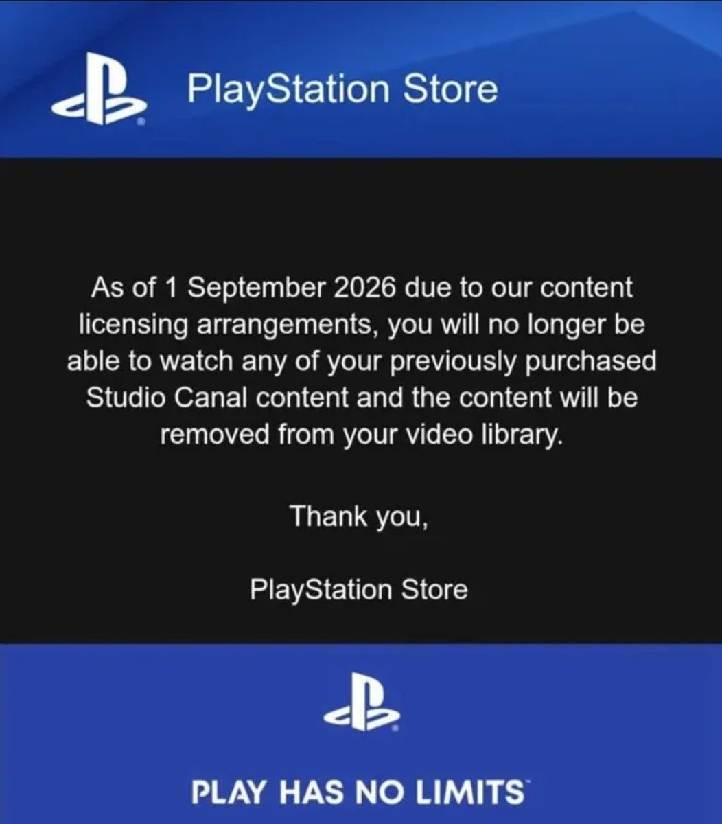 ZackScott's tweet photo. Which marketing wizard decided to time this announcement so close to the announcement that they are also removing purchased content from your video library?

Ok, so no more physical discs starting in 2028. Why wait until then? Nintendo dropped their digital prices by $10, will PlayStation do the same? I'm doubtful.
