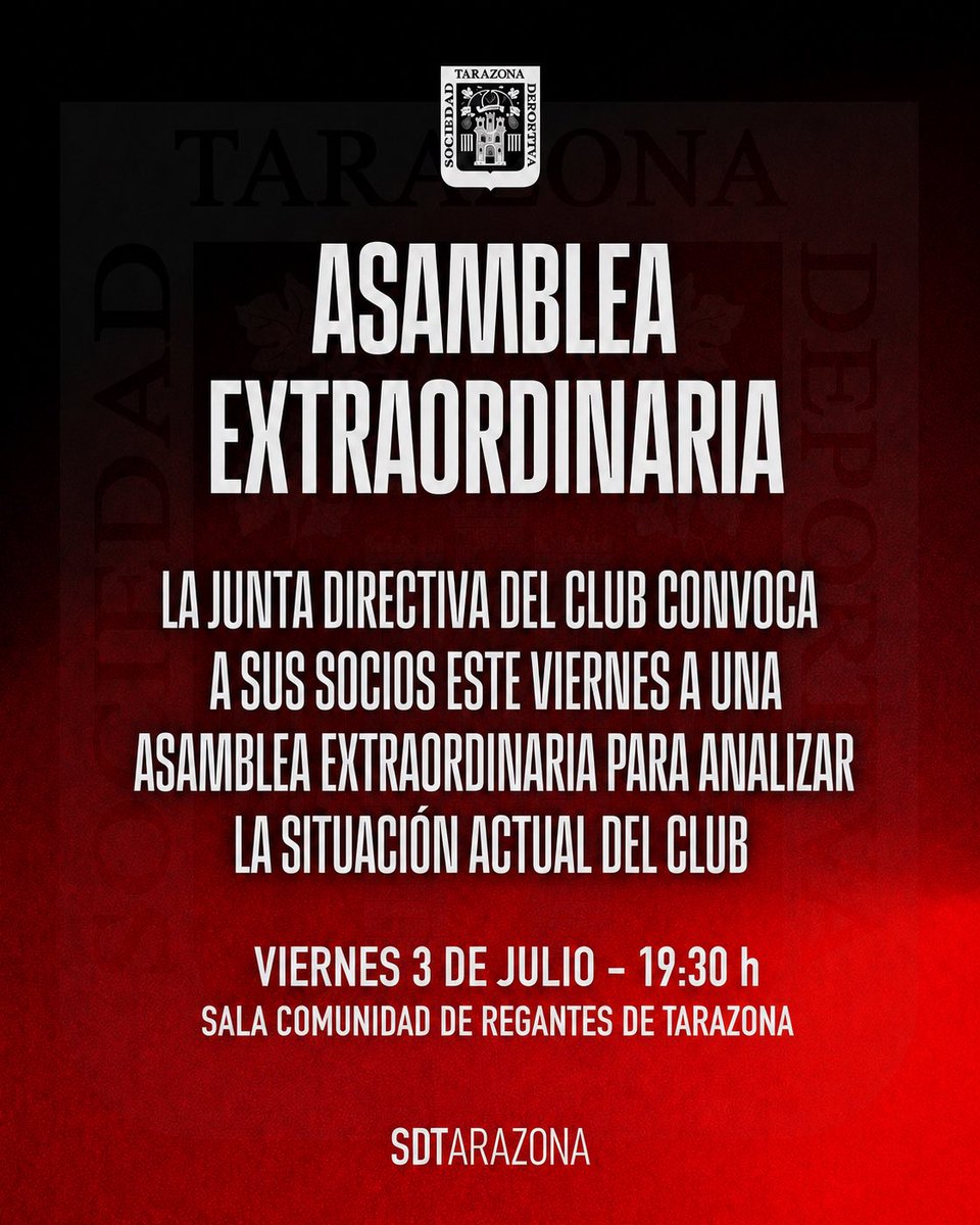 SDTarazona's tweet photo. ℹ️ 𝘼𝙎𝘼𝙈𝘽𝙇𝙀𝘼 𝙀𝙓𝙏𝙍𝘼𝙊𝙍𝘿𝙄𝙉𝘼𝙍𝙄𝘼
Este viernes a las 19:30 h en la sala de la Comunidad de Regantes de Tarazona. https://t.co/F4Lzv0ccLM