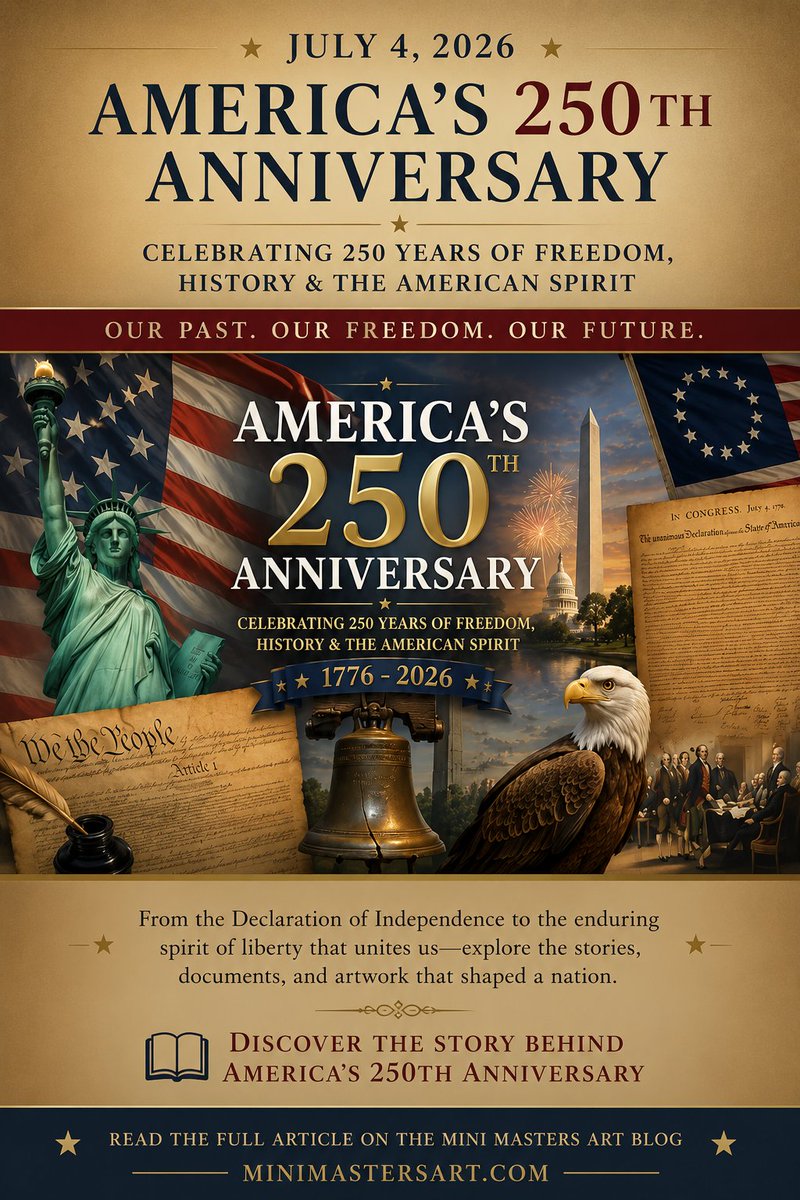 ShopminiArt's tweet photo. 250 years. One extraordinary story. 🇺🇸
On July 4, 2026, America marks the 250th Anniversary of the Declaration of Independence.
Discover the history, the founding documents, and the enduring spirit that continue to shape our nation.
📖 Read our latest article: https://t.co/BSpwVwRkvr

#America250 #IndependenceDay #AmericanHistory #DeclarationOfIndependence #MiniMastersArt