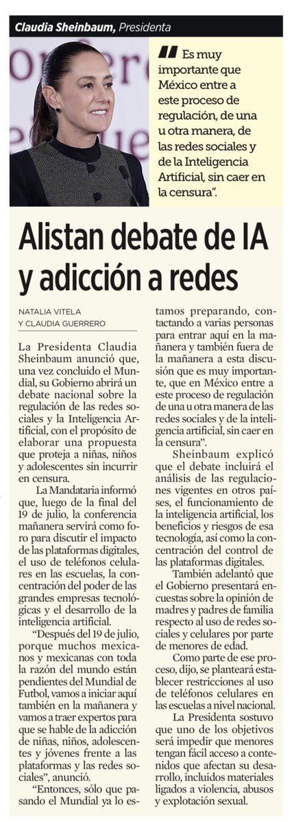 JoseMarioMX's tweet photo. Regular la inteligencia artificial no es un capricho: es una necesidad. Hoy una niña puede quedar atrapada por algoritmos diseñados para volverla adicta; un adolescente puede ser expuesto a violencia, abuso o explotación; y cualquier persona puede ser víctima de un deepfake, fraude o manipulación digital.

Pero cuidado: proteger a la infancia no puede convertirse en el nuevo pretexto para controlar internet. Una ley mal hecha puede terminar castigando memes, sátira, periodismo incómodo, crítica política o denuncias ciudadanas. La frontera es clara: se deben regular daños reales, no opiniones; riesgos tecnológicos, no disidencia.

México necesita una regulación seria, técnica y constitucional: máxima protección a niñas, niños y adolescentes; máxima responsabilidad para plataformas e IA; y cero cheques en blanco al poder. Regular la IA, sí. Darle al Gobierno un botón para decidir qué puede decirse en redes, jamás.