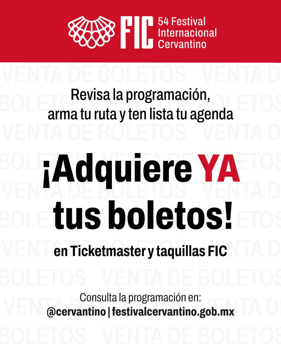 cervantino's tweet photo. 🎟️ Planea tu ruta FIC.

Compra tus boletos en las taquillas oficiales del #54FIC o a través de @Ticketmaster_Me y prepárate para vivir una edición inolvidable.

https://t.co/RjhQ5ZqeEl https://t.co/6NRA87xKwK