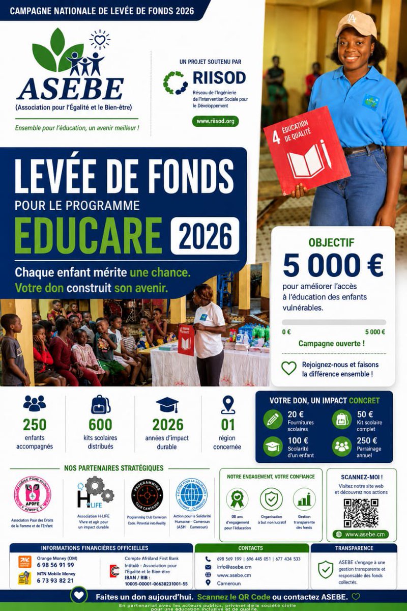 risodtechno's tweet photo. Le RIISOD est très fier de soutenir techniquement la campagne EDUCARE 2026 de l'ASEBE ! 🚀
​L'éducation est la clé du développement durable (#ODD4). Ensemble, offrons aux enfants vulnérables du Cameroun des compétences pour l'avenir.
​Découvrez comment contribuer 👇
#EDUCARE2026 https://t.co/b01FY8yDFK
