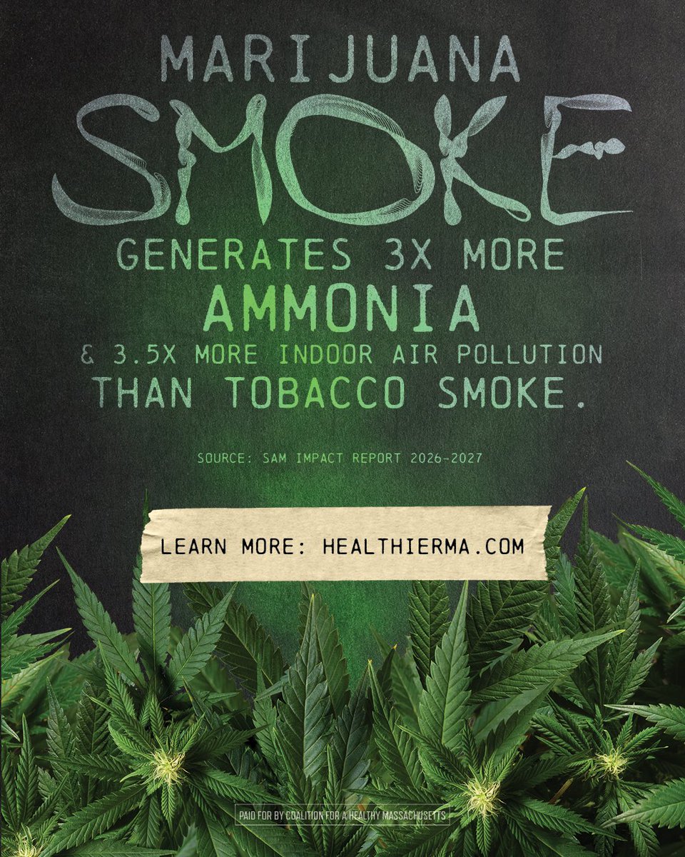 HealthierMA's tweet photo. Indoor pollution matters just as much as outdoor pollution. Recreational marijuana generates 3 times more ammonia and 3.5 times more indoor air pollution than tobacco smoke.

Learn more here: https://t.co/V8osKGJ5rx https://t.co/LZ2cQ3qxWD