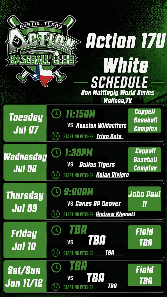 ActionBaseball's tweet photo. Our 17u White team is also in action next week at the Don Mattingly World Series in Melissa. Here is where you can find us in action. Good luck to our players and coaches next week! https://t.co/WQlwFd3jIL