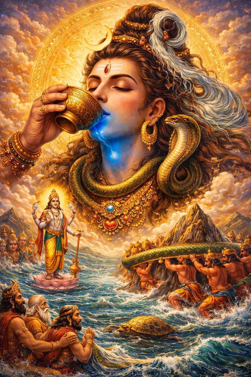 arun1935arun's tweet photo. 🕉️ समुद्र मंथन में निकले कालकूट विष को स्वयं महादेव ने ग्रहण किया, ताकि संपूर्ण सृष्टि सुरक्षित रह सके।
यही शिवत्व है—जो दूसरों के दुख को अपने भीतर समेटकर भी संसार को जीवन, शांति और संतुलन प्रदान करे। त्याग, करुणा और लोककल्याण ही भगवान शिव का वास्तविक संदेश है। हर हर महादेव! 🔱💙 https://t.co/BPUekBWrPA