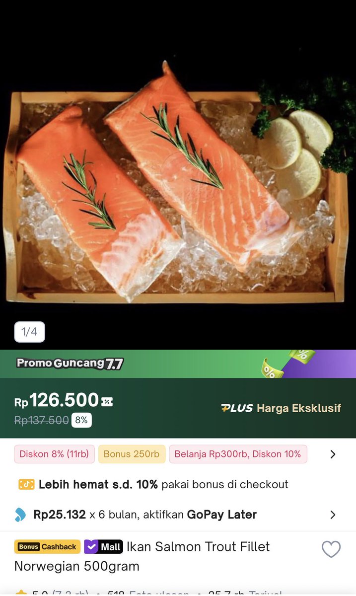 88_mjq's tweet photo. 🌟インドネシア買ってよかったもの🌟

https://t.co/mRcKYDl97T

ずっと気になってたFerry Fishというお店の冷凍サーモン🙆🏻500g126kという破格の商品なので大丈夫かと疑っていましたが加熱前でも全く臭みもなく大当たり！1kg買って1切れあたり200g前後。とりあえず1切れ100gくらいの小分けにして保存🐟 https://t.co/jGEtBi9ldo