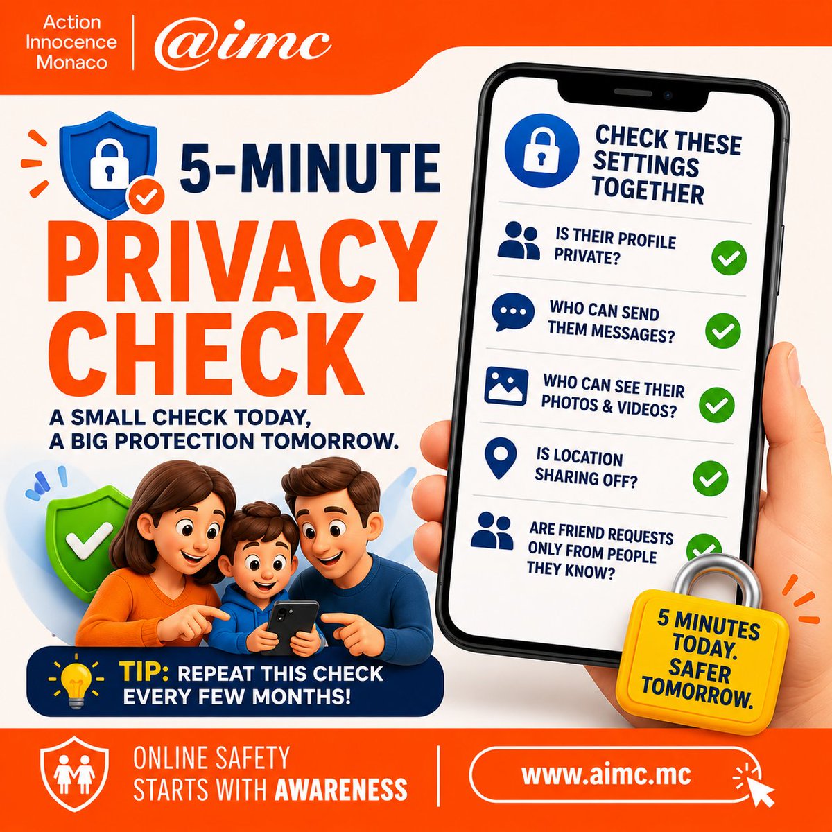 ActionMonaco's tweet photo. 🚨 #INTERNETSAFETY TIP: Take 5 minutes to check your #child's #privacy settings
🔒 Ensure their profile is private, location sharing is off, messages are limited, and only trusted people can connect
Small checks make a big difference💙
#AIMCnews #DigitalParenting #OnlineSafety https://t.co/WVaVQfWrNx