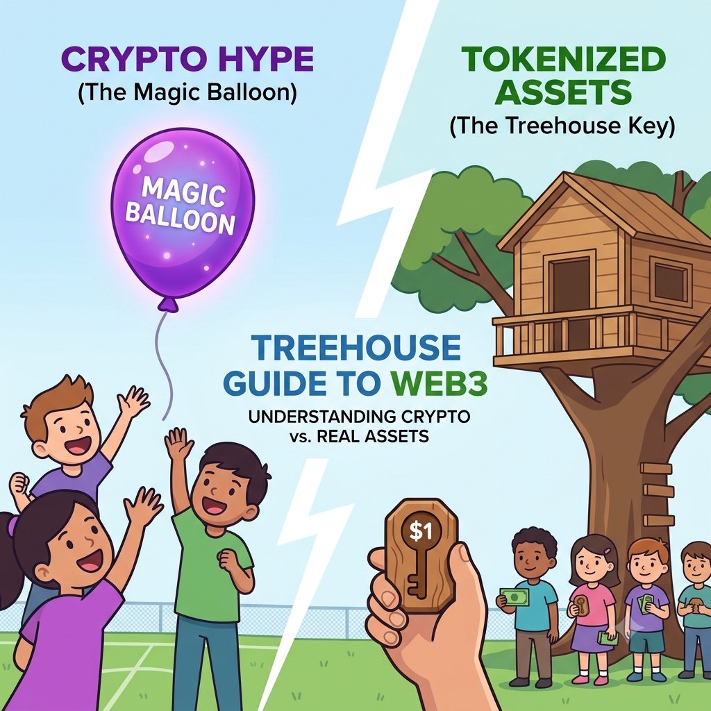 greenmachinesfa's tweet photo. The Treehouse Guide: Crypto Hype vs. Tokenized Assets

Ever wonder what the real difference is between wild crypto hype and the actual future of finance?

Let’s skip the complex language and discuss it in one that even kids at the playground will understand.

(A thread) https://t.co/zHaKfAplES