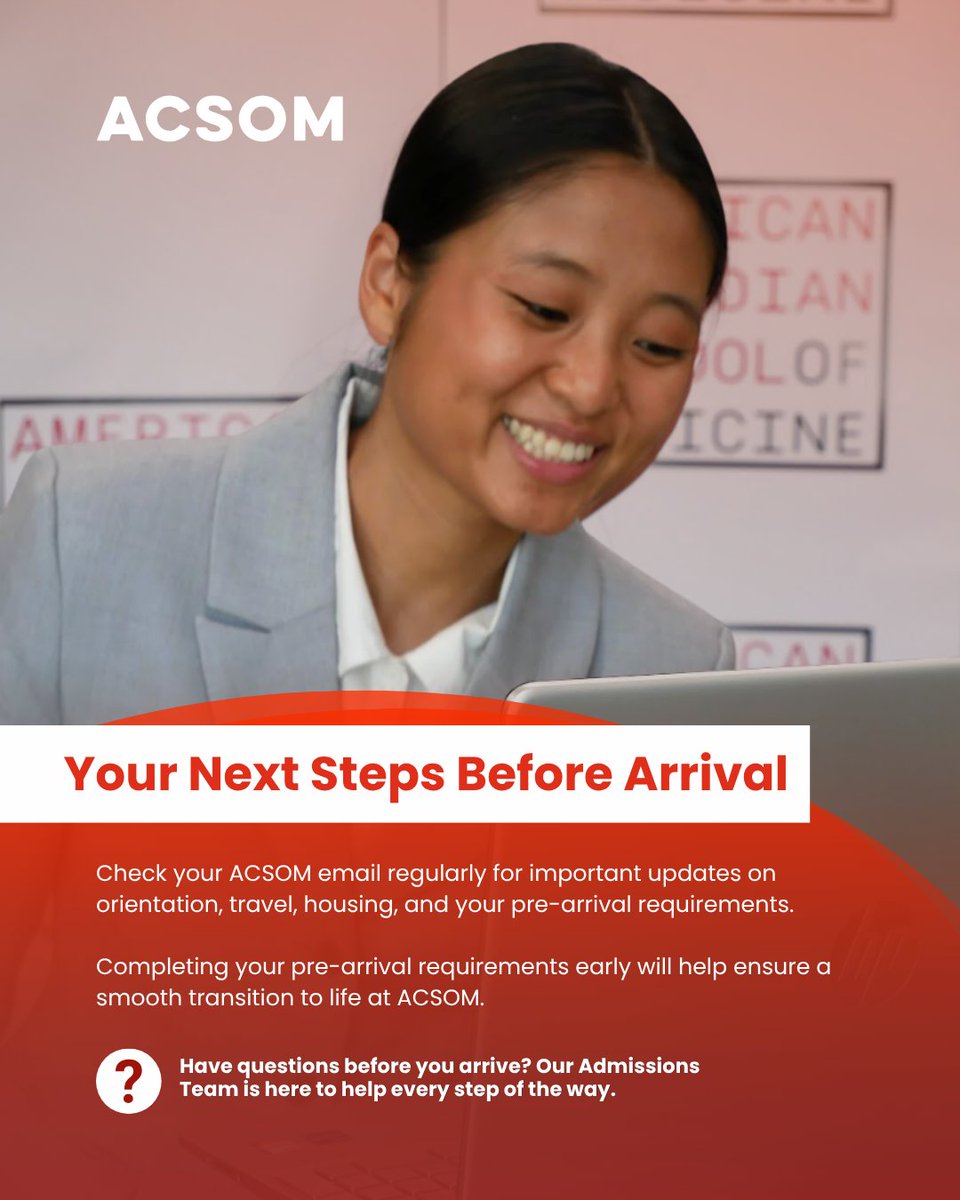 acsom_md's tweet photo. August 2026 is almost here! Incoming students, be sure to check your email regularly for important updates on orientation, travel, housing, and your pre-arrival checklist.

#ACSOM #FuturePhysicians https://t.co/XL3qGvy4cU